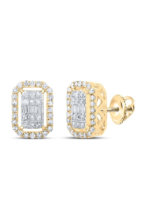 10K Yellow Gold Real Baguette Diamond Unisex Rectangle Halo Stud Earrings 1/2 CT
