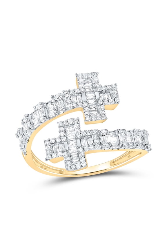 10K Yellow Gold Real Baguette Diamond Women's Bypass Cross Cuff Band Ring 3/4 CT
