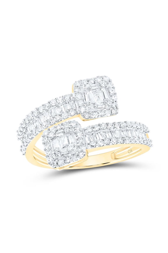 10K Yellow Gold Real Baguette Diamond Women's Bypass Square Cuff Band Ring 1 CT