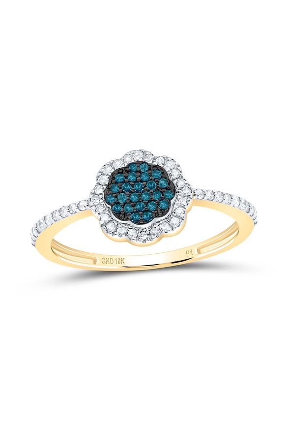 10K Yellow Gold Real Blue Diamond Floral Cluster Flower Right Hand Ring 1/4 CT