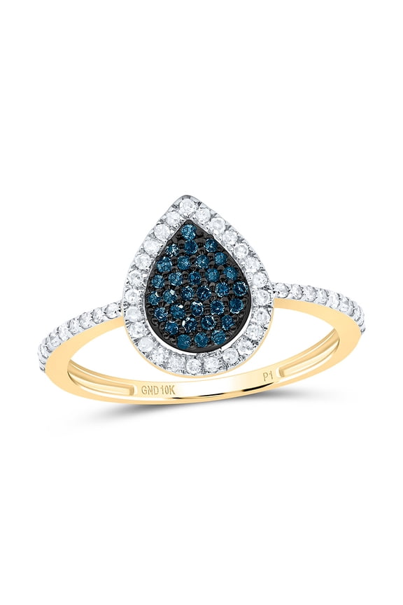 10K Yellow Gold Real Blue Diamond Pear Cluster Teardrop Right Hand Ring 1/3 CT