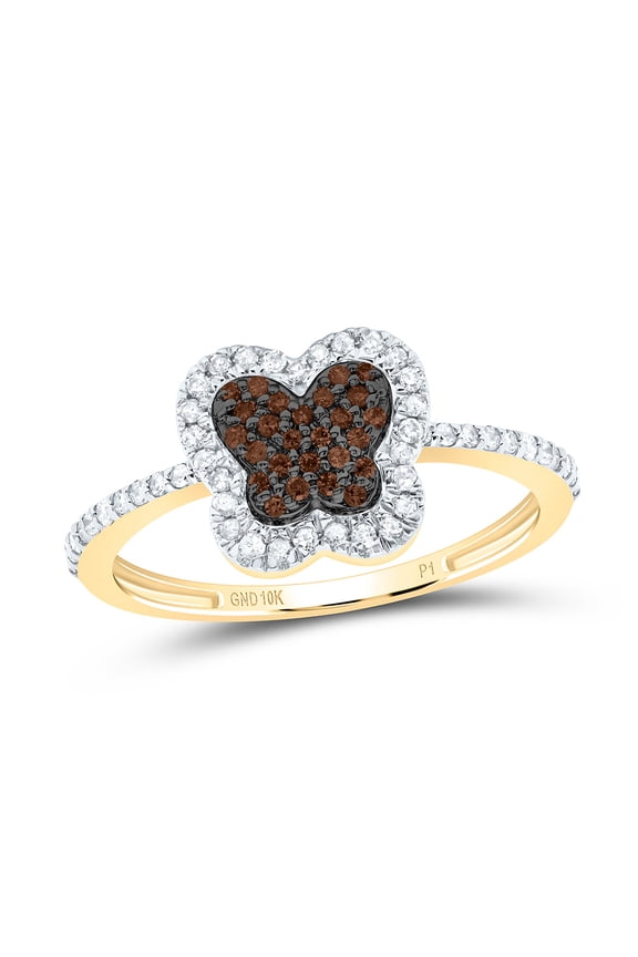 10K Yellow Gold Real Brown Diamond 10mm Cluster Butterfly Right Hand Ring 1/4 CT