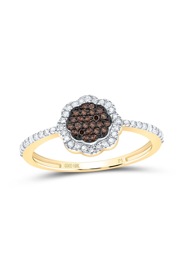 10K Yellow Gold Real Brown Diamond Floral Cluster Flower Right Hand Ring 1/4 CT