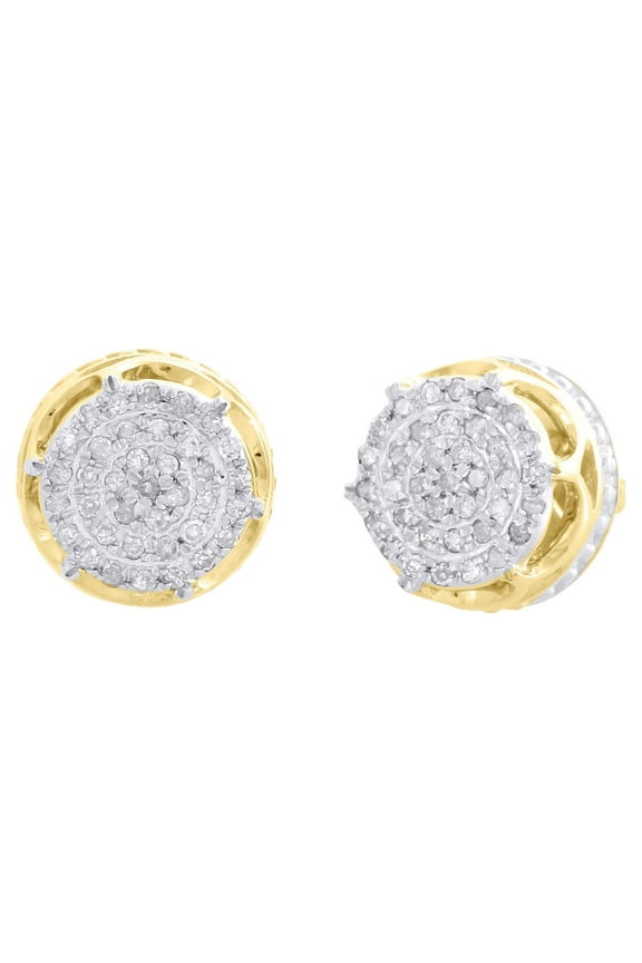 10K Yellow Gold Real Diamond 6-Prong Sutds 8mm Mens 3D Pave Earrings 0.15 CT.