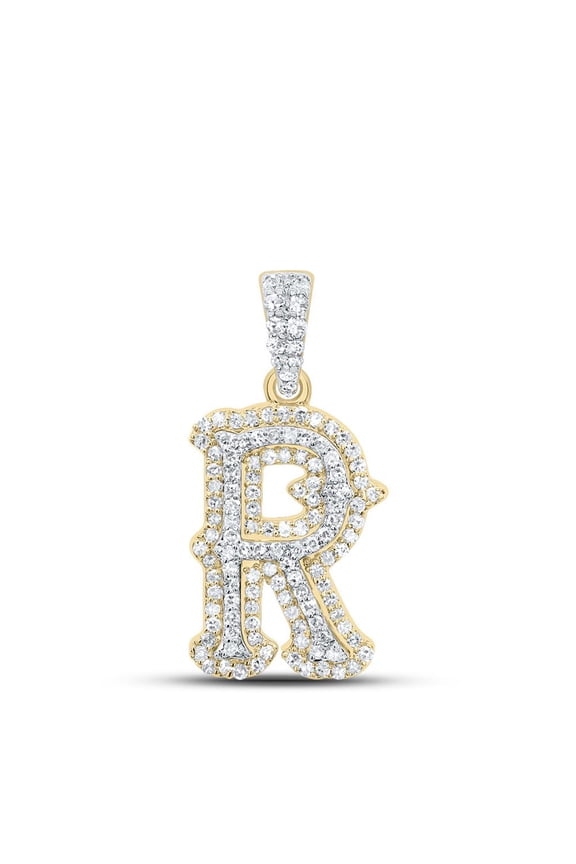10K Yellow Gold Real Diamond Block Font Pointed Letter Initial R Pendant 3/8 CT