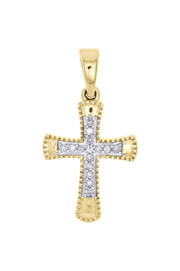 10K Yellow Gold Real Diamond Cross Pendant 1" Dome Milgrain Border Charm 1/10 CT
