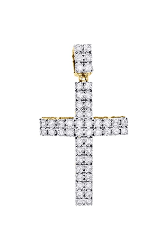 10K Yellow Gold Real Diamond Cross Pendant Dome Puff Prong Set 1.75" Charm 1 CT.