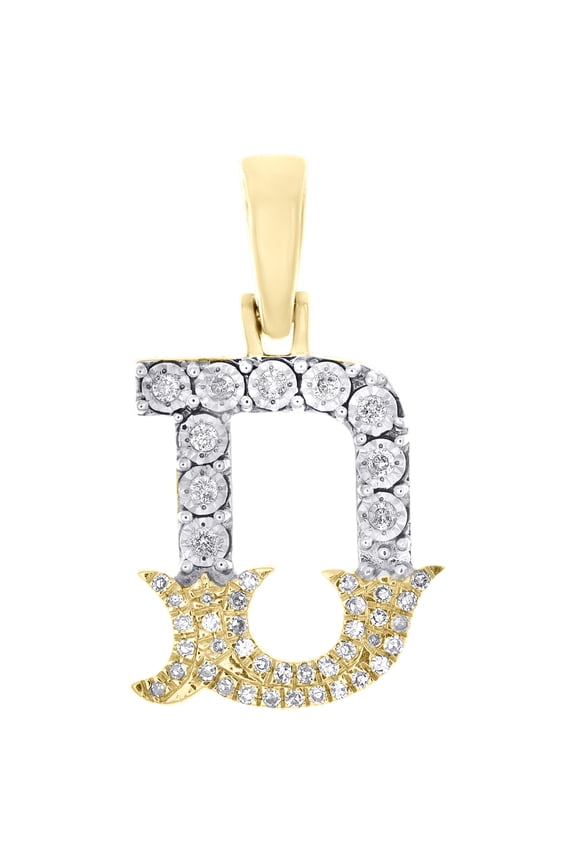 10K Yellow Gold Real Diamond Flared Block Font Letter D Initial Pendant 0.16 CT