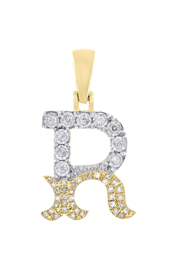 10K Yellow Gold Real Diamond Flared Block Font Letter R Initial Pendant 0.16 CT