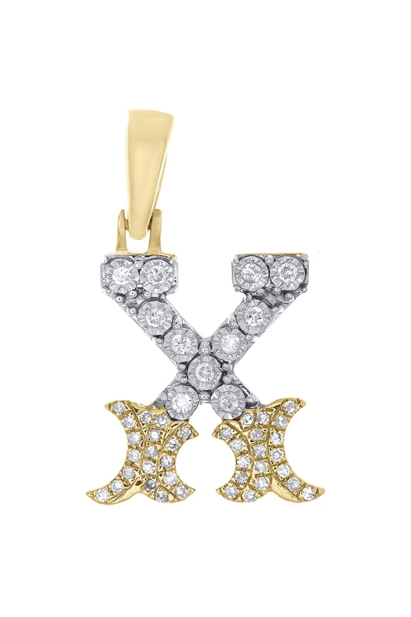 10K Yellow Gold Real Diamond Flared Block Font Letter X Initial Pendant 0.17 CT