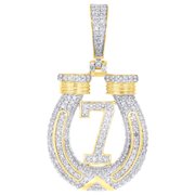 10K Yellow Gold Real Diamond Good Luck Charm Lucky # 7 Horseshoe Pendant 5/8 CT