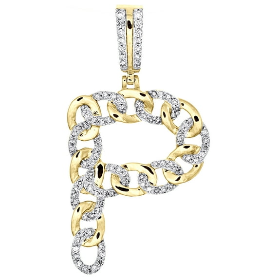 10K Yellow Gold Real Diamond Initial P Cuban Link Pendant 1.65" Charm 1/2 Ct.