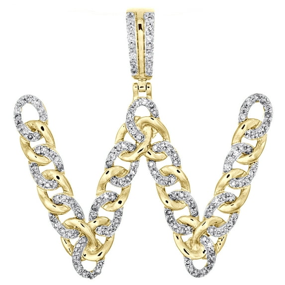 10K Yellow Gold Real Diamond Initial W Cuban Link Pendant 1.55" Charm 3/4 Ct.