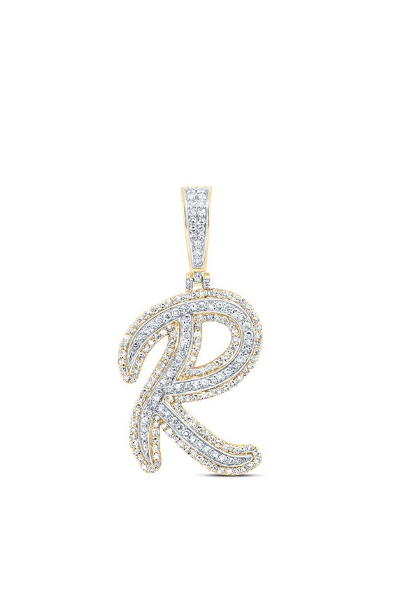 10K Yellow Gold Real Diamond Italic Font Slanted Letter Initial R Pendant 7/8 CT