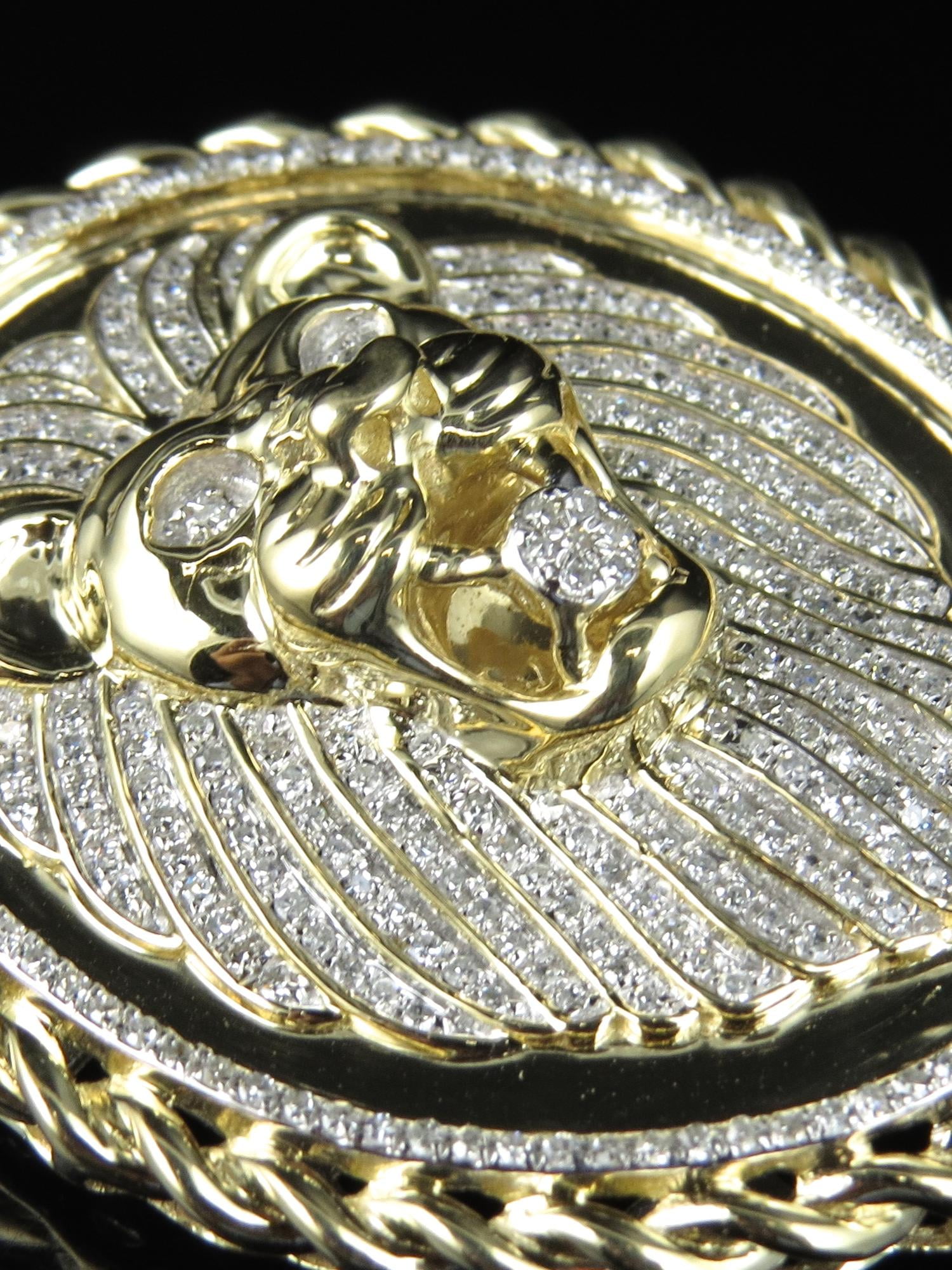 10K Yellow Gold Real Diamond Lion Pendant 1 Ct 2.2"