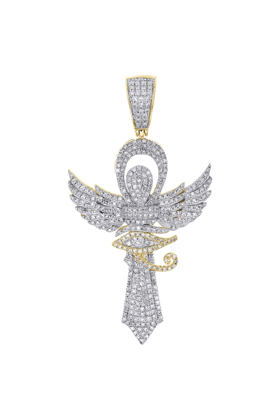 10K Yellow Gold Real Diamond Men's Egyptian Ankh Cross Eye of Ra Pendant 3/4 CT