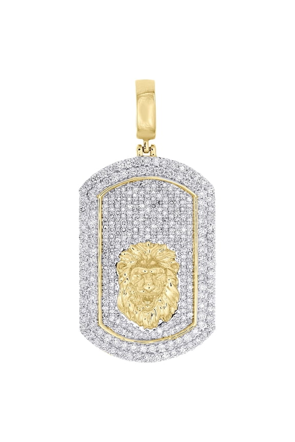 10K Yellow Gold Real Diamond Mens Roaring Lion Dog Tag Pendant Leo Charm 2.33 CT