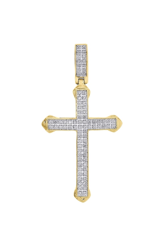 10K Yellow Gold Real Diamond Mini Cross Pendant 2" Mens Pointed Charm 1/4 ct.
