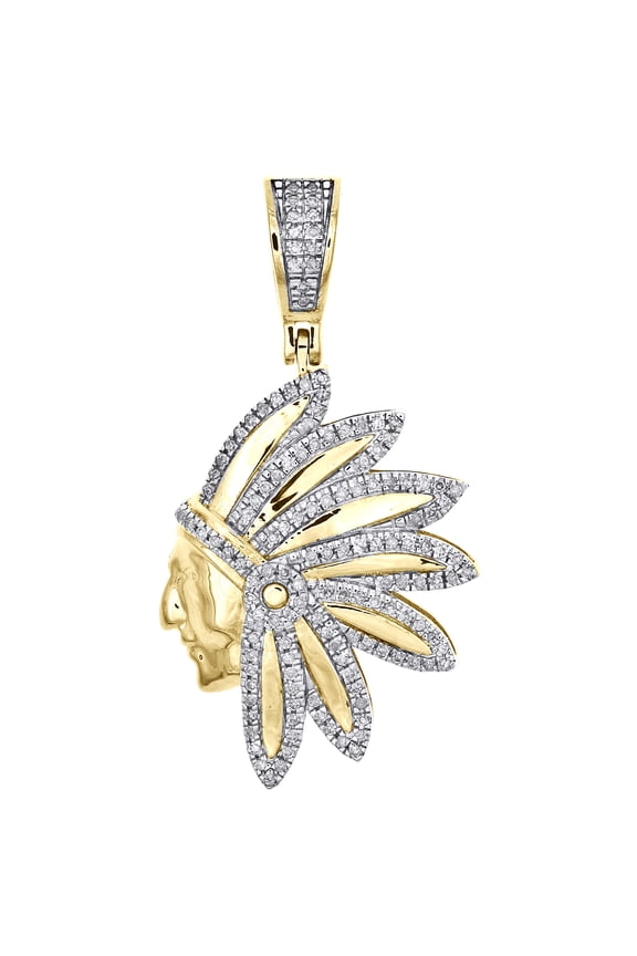 10K Yellow Gold Real Diamond Native American Indian 1.30" Mens Pave Charm 1/3 CT