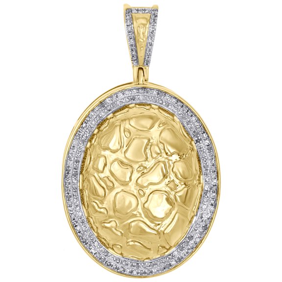10K Yellow Gold Real Diamond Nugget Ore Oval Frame Pendant 1.70" Charm 0.53 CT.