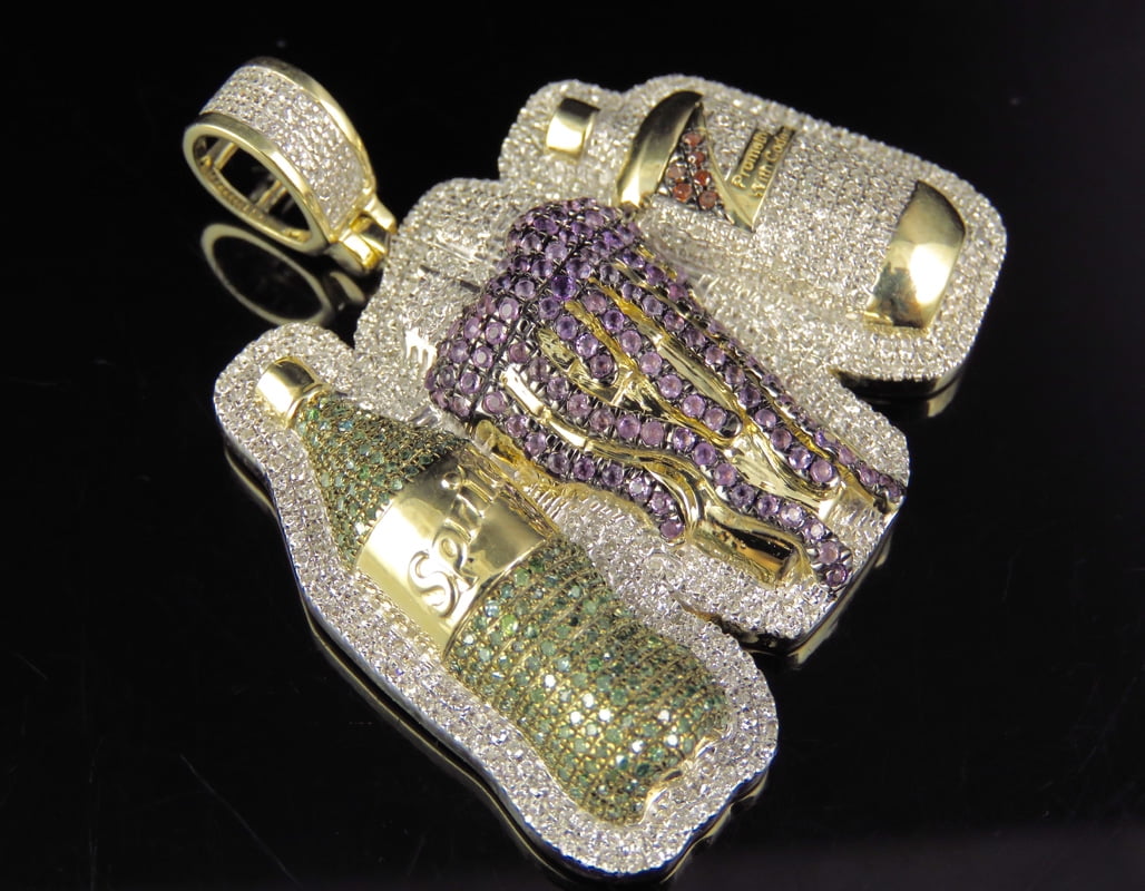10K Yellow Gold Real Diamond Purple Drank Lean Pendant Charm 1.50 CT 1.6