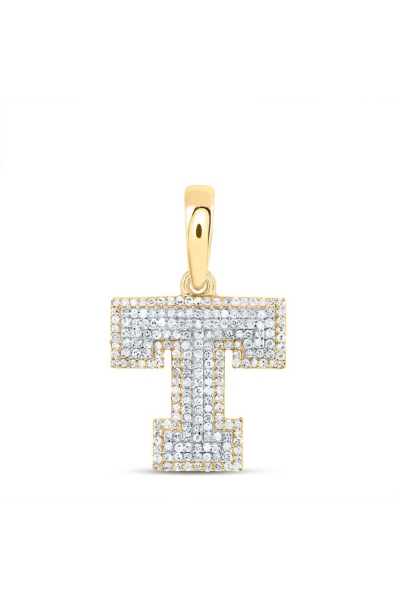 10K Yellow Gold Real Diamond Unisex Tiered Block Font Initial T Pendant 5/8 CT