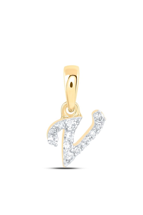 10K Yellow Gold Real Diamond Women's Block Font Initial V Mini Pendant 1/20 CT