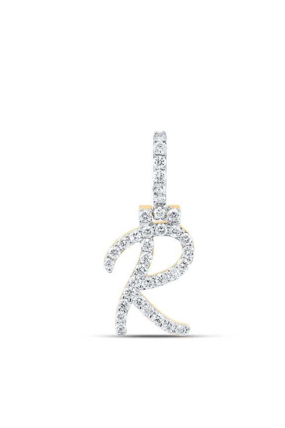 10K Yellow Gold Real Diamond Women's Block Font Slanted Initial R Pendant 1/2 CT
