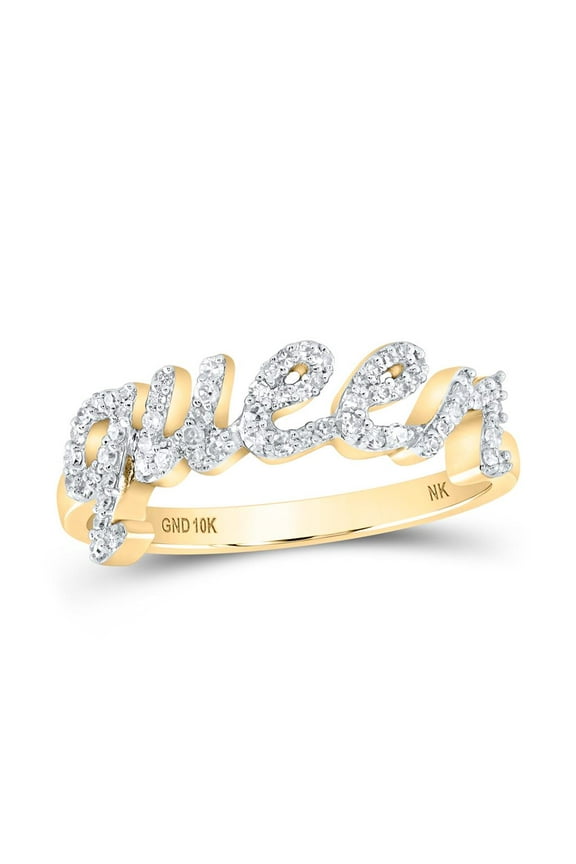 10K Yellow Gold Real Diamond Women's Cursive "QUEEN" Band Right Hand Ring 1/5 CT