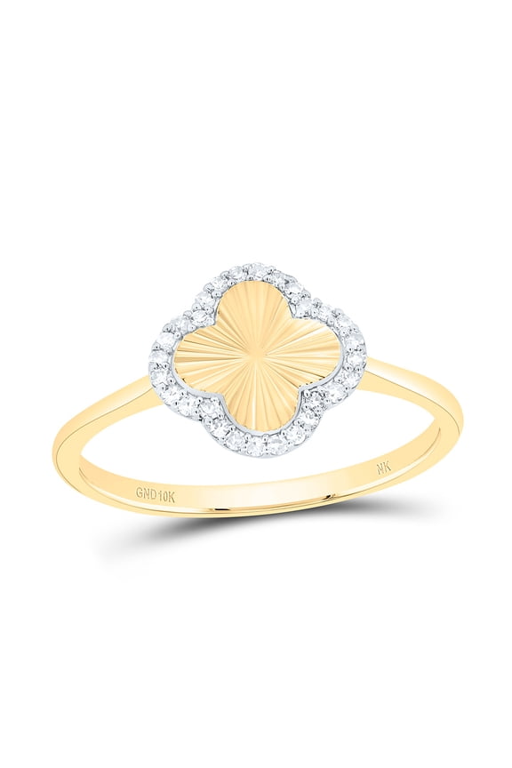 10K Yellow Gold Real Diamond Women's Textured Band 4 Leaf Clover Ring 1/10 CT