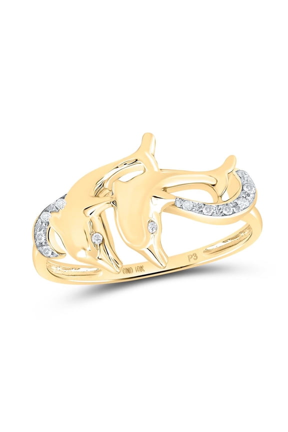 10K Yellow Gold Real Diamond Women's Wavy Double Dolphin Cocktail Ring 1/20 CT