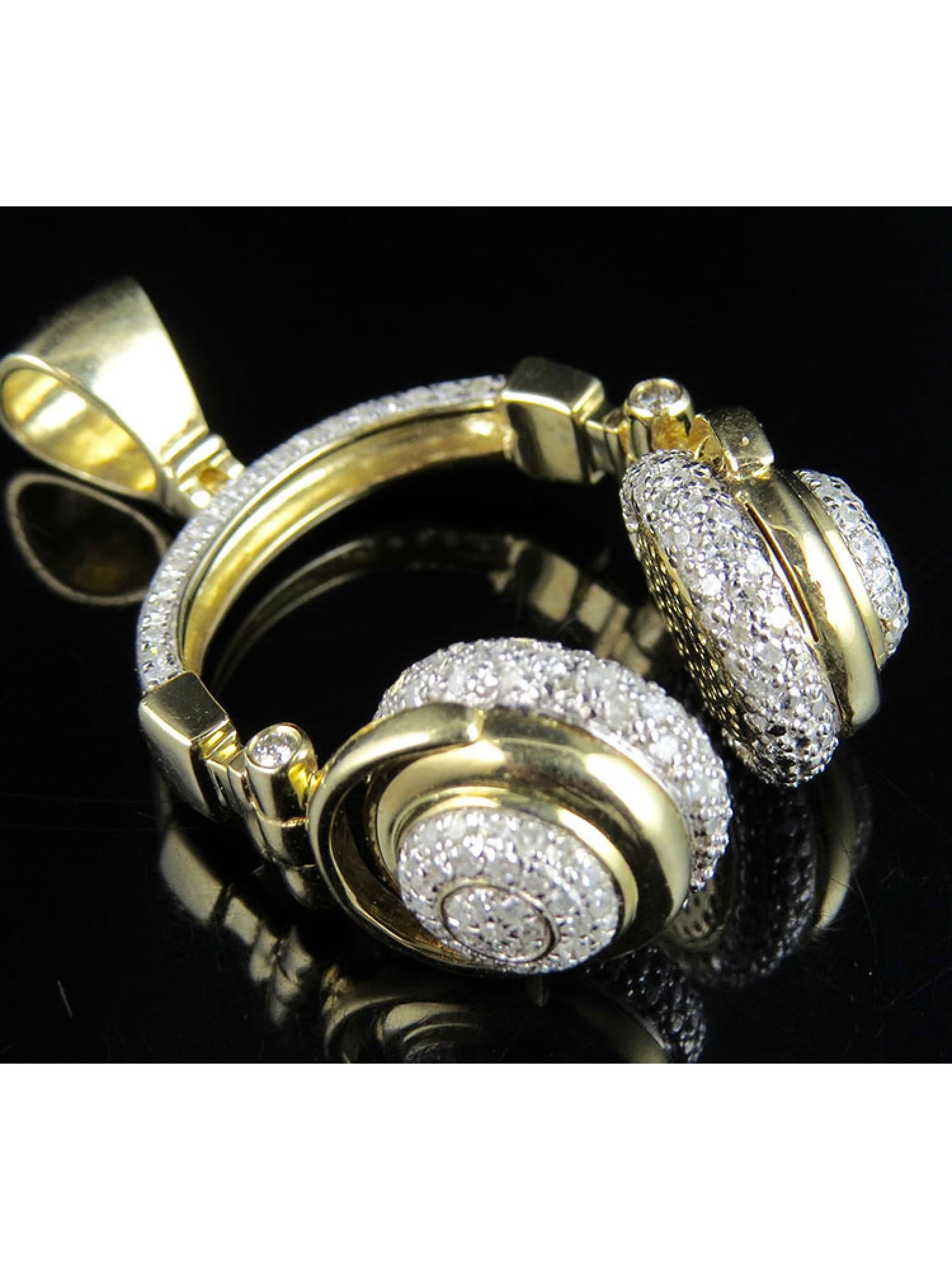 JEWELRY UNLIMITED 10K Yellow Gold Real Diamonds Music Headphone Pendant 1.1ct