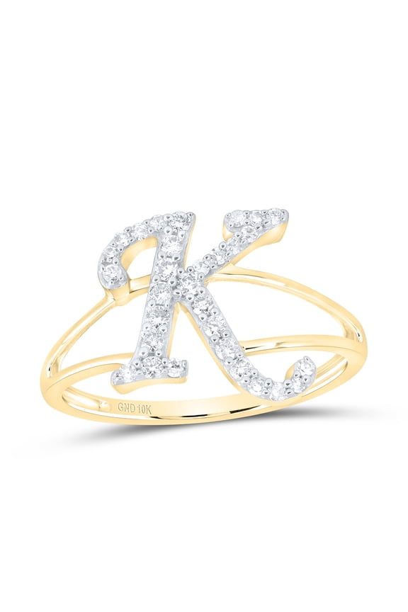 10K Yellow Gold Real Round Cut Diamond Women's Split Shank Initial 'K' Letter Right Hand Statement Ring 1/4 Ct.