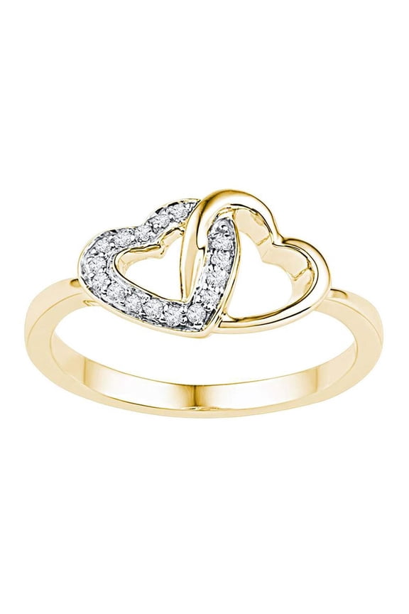 10K Yellow Gold Real Round Diamond Women's Double Locked Heart Band Ring 1/12 CT
