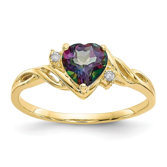 10K Yellow Gold Ring Band Gemstone Diamond Round Mystic Fire Topaz Heart Multi-color, Size 9