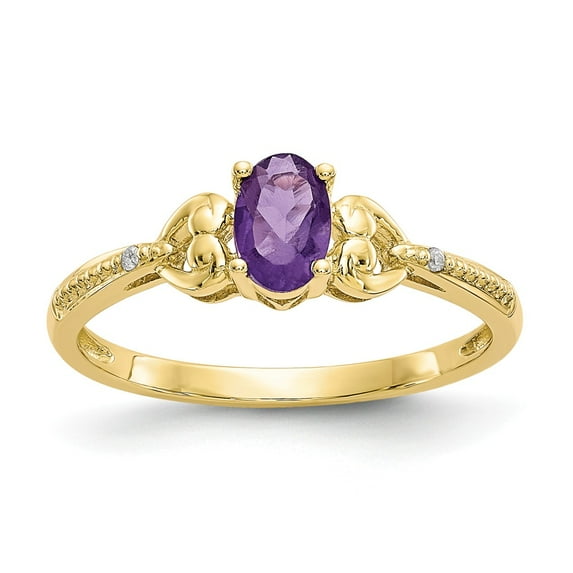 10K Yellow Gold Ring Band with Stones (02) February Amethyst Oval Purple Diamond Round, Size 9