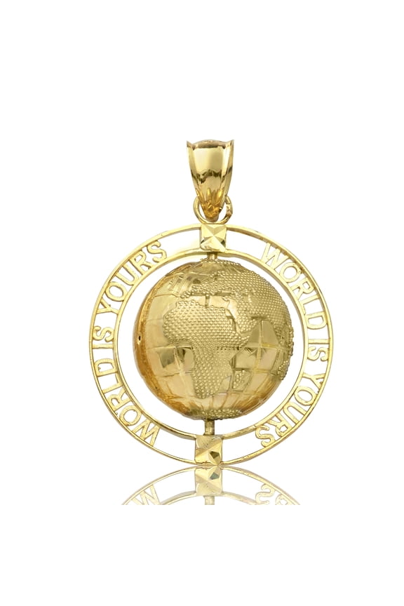 10K Yellow Gold Rotating World Map, Globe Charm Pendant (1.90" x 1.30")