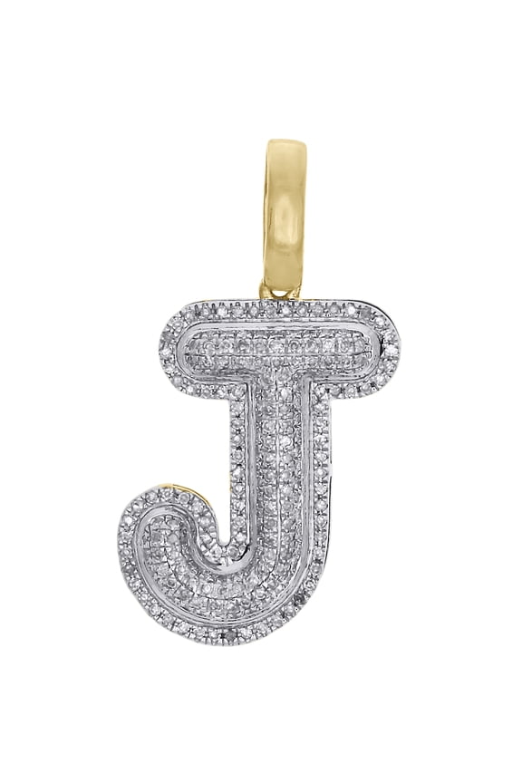 10K Yellow Gold Roumd Diamond J Initial Bubble Pendant Pave Dome Charm 0.33 CT.