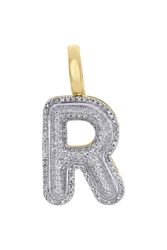 10K Yellow Gold Roumd Diamond R Initial Bubble Pendant Pave Dome Charm 0.35 CT.