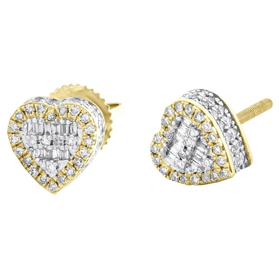 10K Yellow Gold Round & Baguette Diamond 3D Heart Stud 7.50mm Earrings 3/8 CT.
