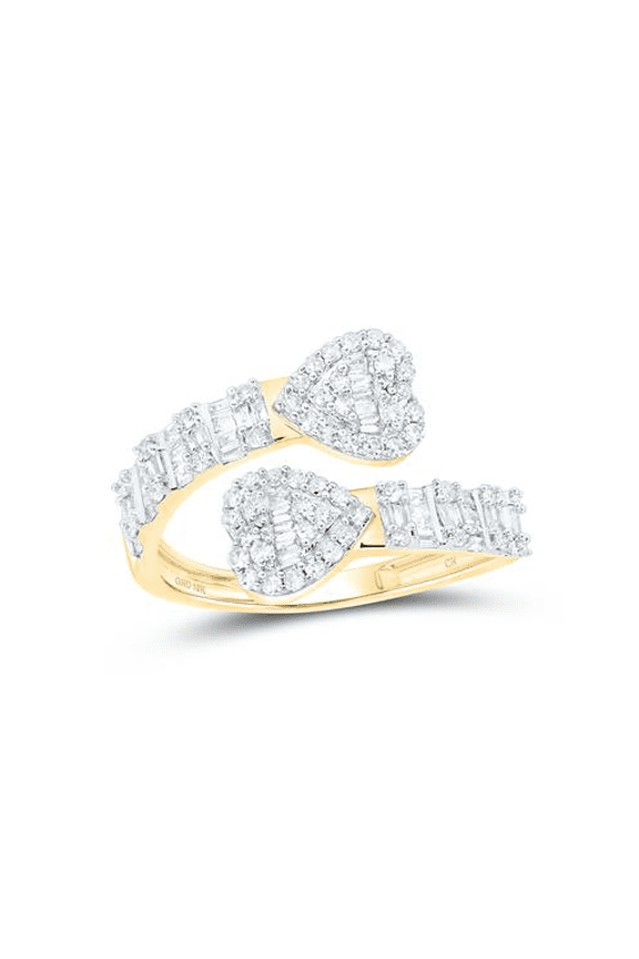10K Yellow Gold Round & Baguette Diamond Cuff Bypass Heart Statement Ring 5/8 CT