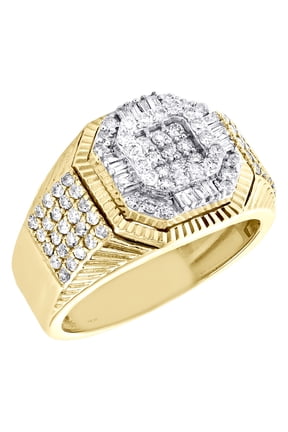 10K Yellow Gold Round & Baguette Diamond Fancy Fluted Pinky Ring Band 1.15 CT.