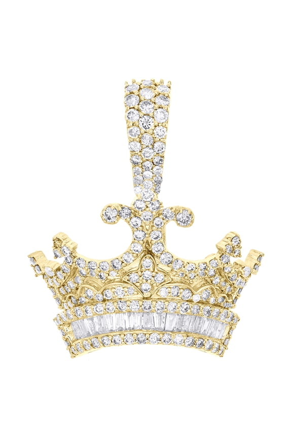 10K Yellow Gold Round & Baguette Diamond King Crown Pendant 1.40" Charm 2.60 CT.