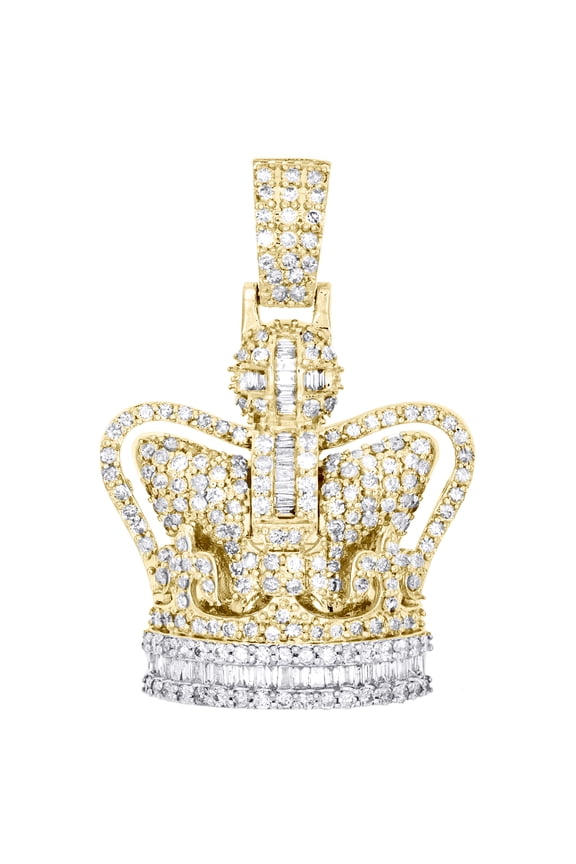 10K Yellow Gold Round & Baguette Diamond King Crown Pendant 1.50" Charm 2.45 CT.
