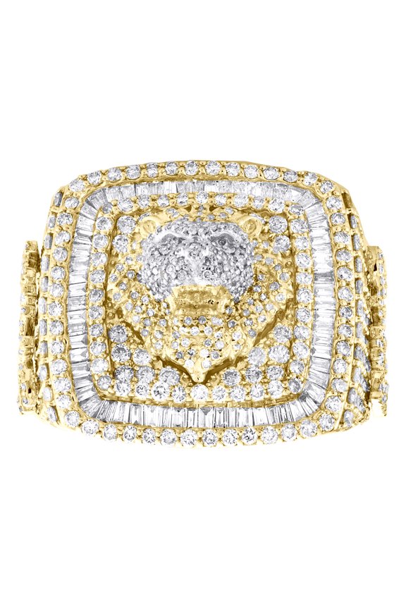 10K Yellow Gold Round & Baguette Diamond Square Lion Head 23mm Pinky Ring 4.5 CT
