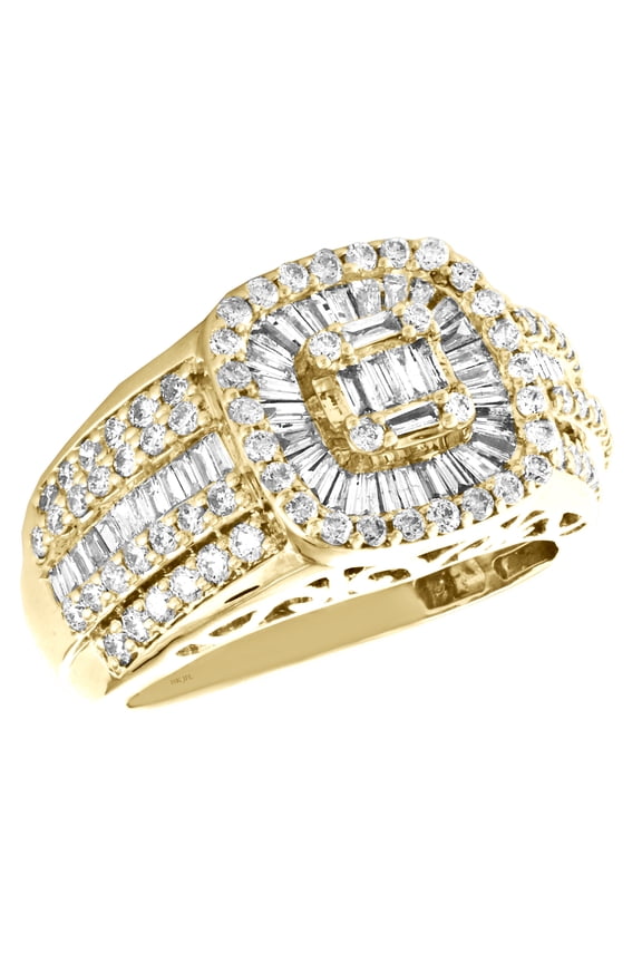 10K Yellow Gold Round & Baguette Diamond Statement Ring Mens 14mm Band 1.97 CT.