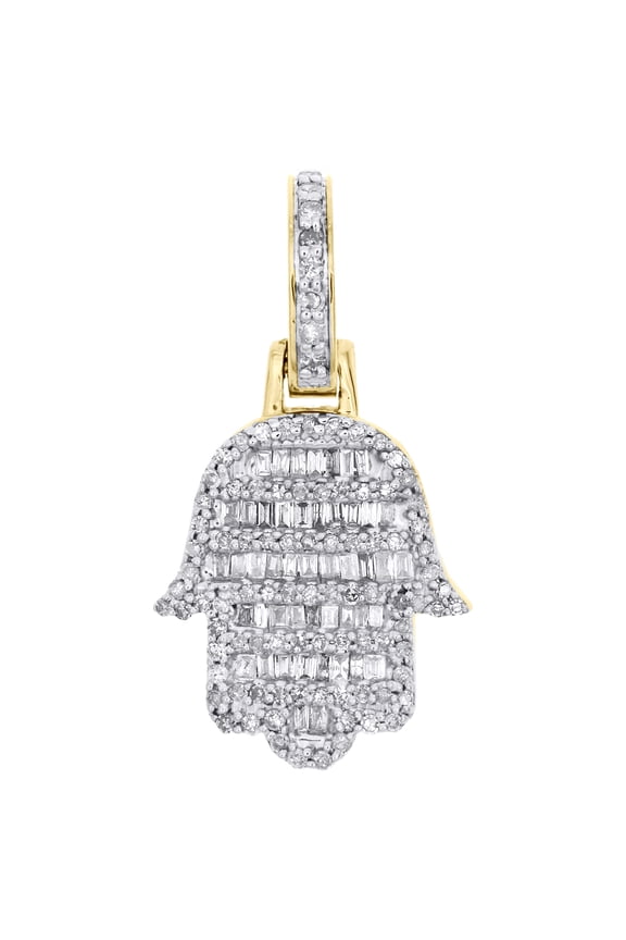 10K Yellow Gold Round & Baugette Diamond Mini Hamsa Hand Pendant 1" Charm 1/2 CT