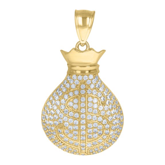 10K Yellow Gold Round CZ 1.35" Iced Out Charm Fat Dollar Sign Money Bag Pendant