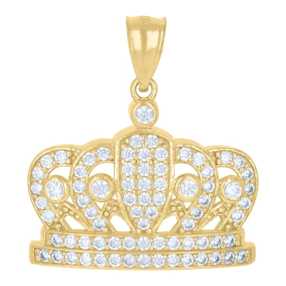 10K Yellow Gold Round CZ Men's 0.95" Royalty Charm Iced Out King's Crown Pendant
