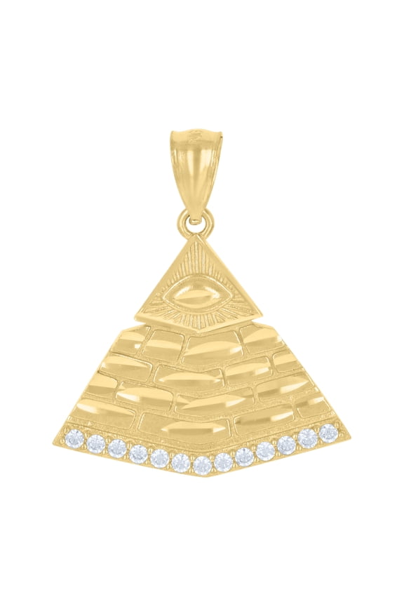 10K Yellow Gold Round CZ Men's 1" Egyptian D/C Charm Eye of Ra Pyramid Pendant
